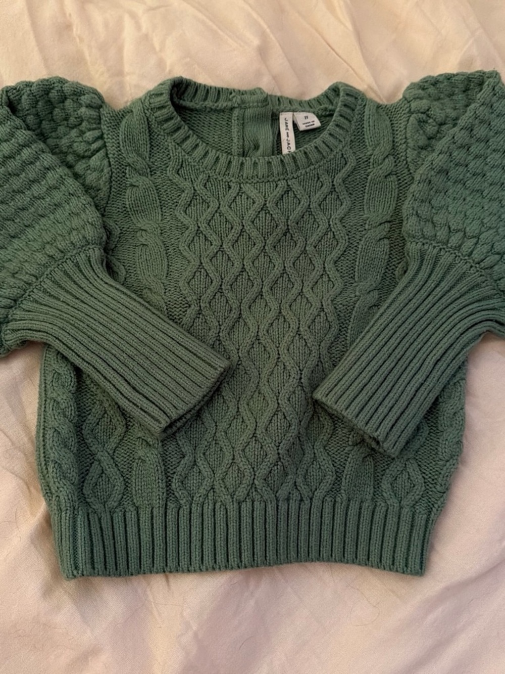 Janie and Jack Sage Green Cable Knit Puff Sleeve Sweater